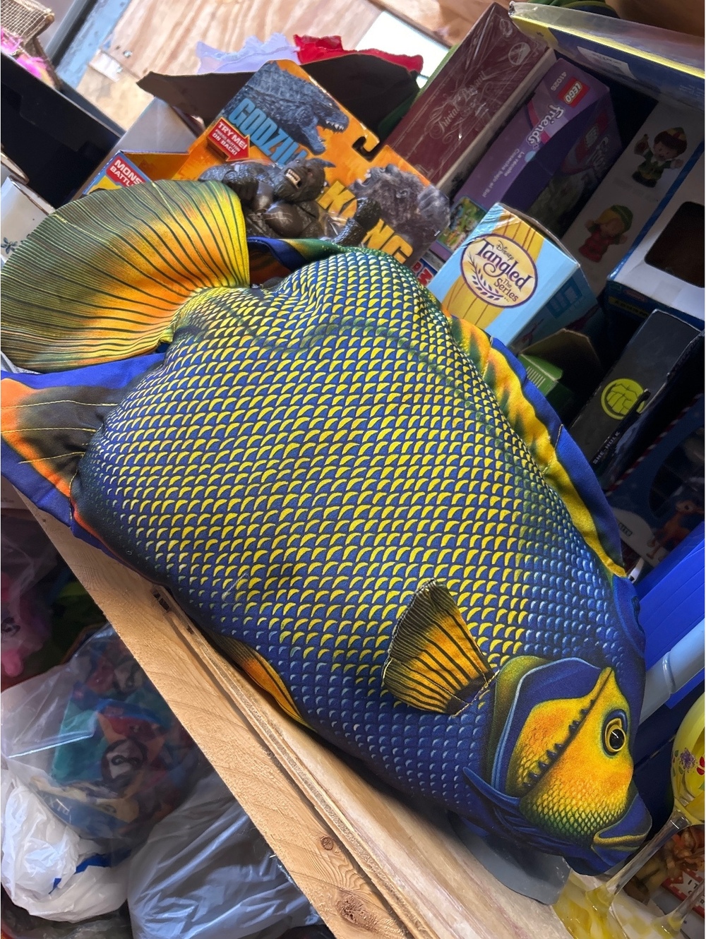 Decorative Fish Pillow with Blue and Yellow Pattern